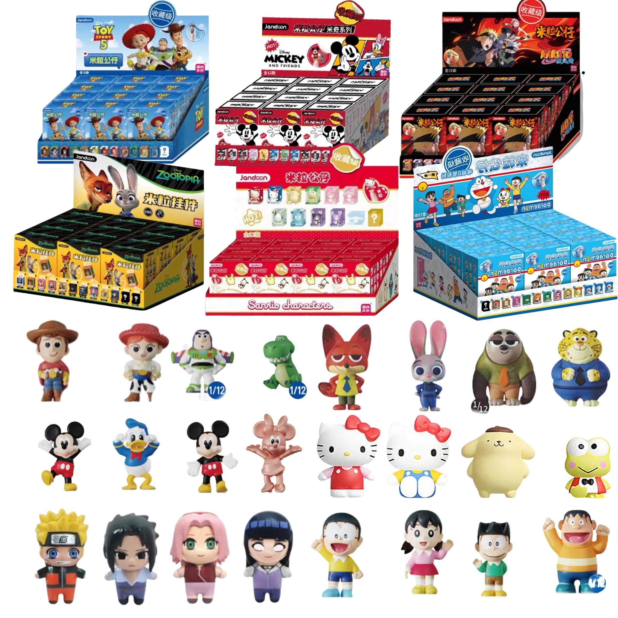 JANDOOM Figurines d'action et modèles de poupées en forme de grains de riz, inspirées de Toy Story, Stitch, Mickey Mouse, Winnie, Zootopia, Doraemon, en boîte surprise, Cadeaux Modei