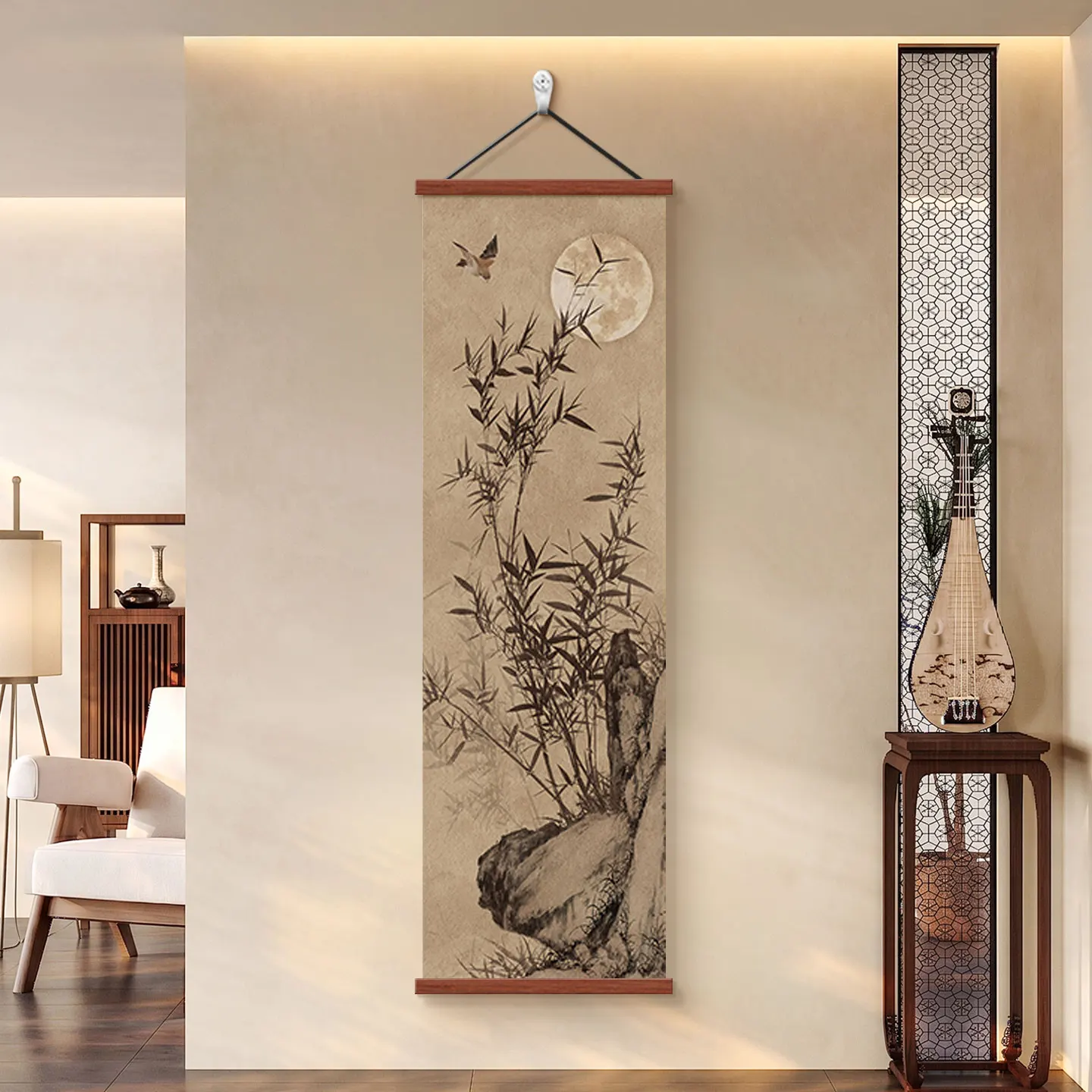 Wall Art Plum Blossom Branch and Red Bird Song Inspired Pearlescent Canvas Hanging Scroll with Wooden Rods for Hallway