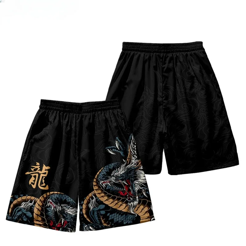 

3D Summer Streetwear Beach Shorts Casual Chinese Dragon Print Men Women Elastic Waist Black Shorts Casual Trouser
