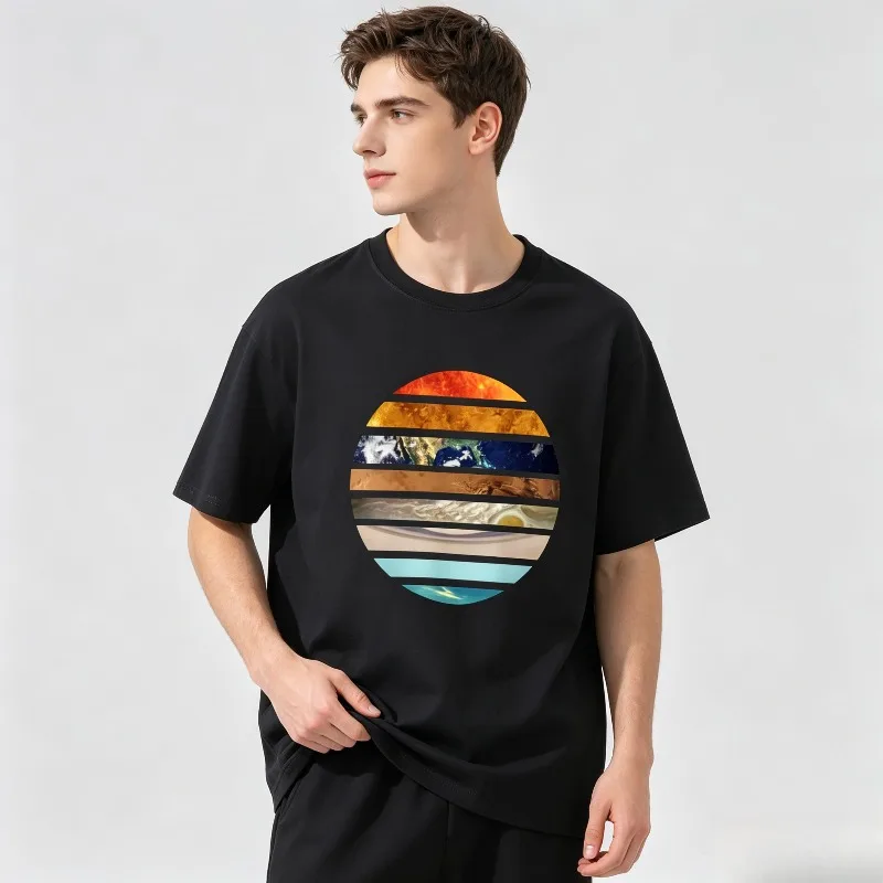 Casual Short Sleeve T-shirt Solar System Planets Striped Circle Print  Tee Vintage Outer Space Galaxy Graphic Casual Astronomy