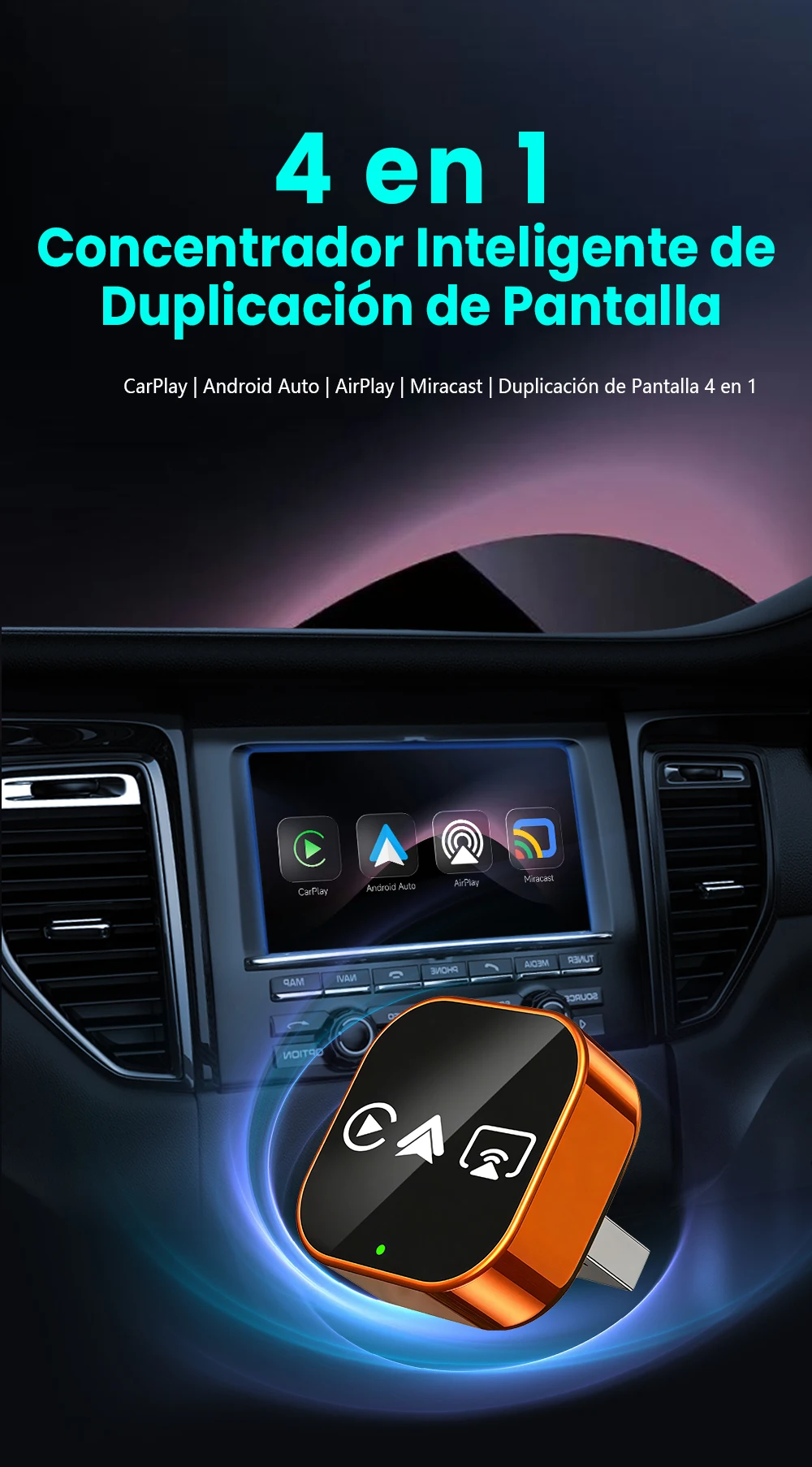 4-in-1 Kabelloser Carplay-Adapter, Multifunktions-Dongle für Carplay/Android Auto/Airplay/Mirror Link, Plug-and-Play WLAN 5GHz Kompatibel mit 98% aller Autos mit Original-Carplay ﻿ – Detail 2