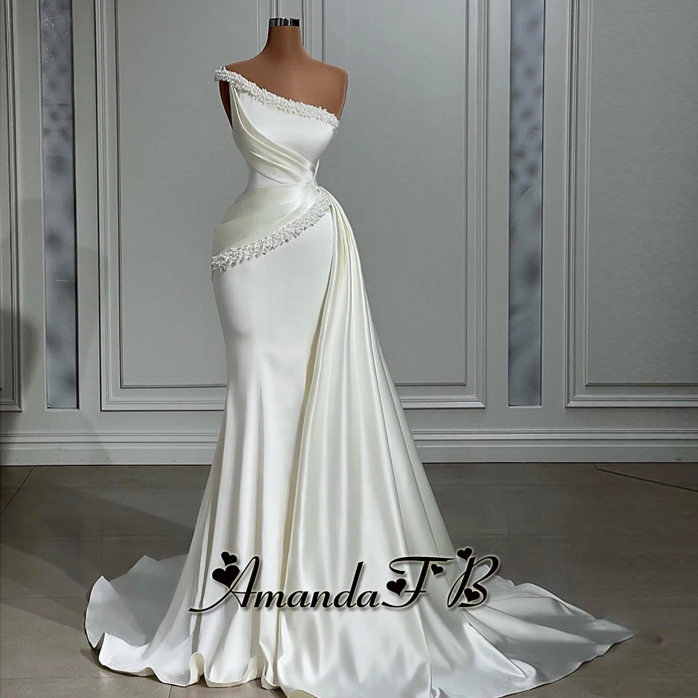 أماندا خمر فساتين التخرج مع شق اللؤلؤ ، البوق Ruched ، قطار الكنيسة واحد الكتف ، انخفاض الشحن