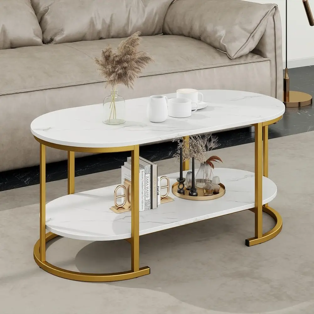 

Oval Coee Table with Storage, 2-Tier Center Table or Living Room with aux Marble Top, Open Shel, Metal e, ern Tea Table or Small