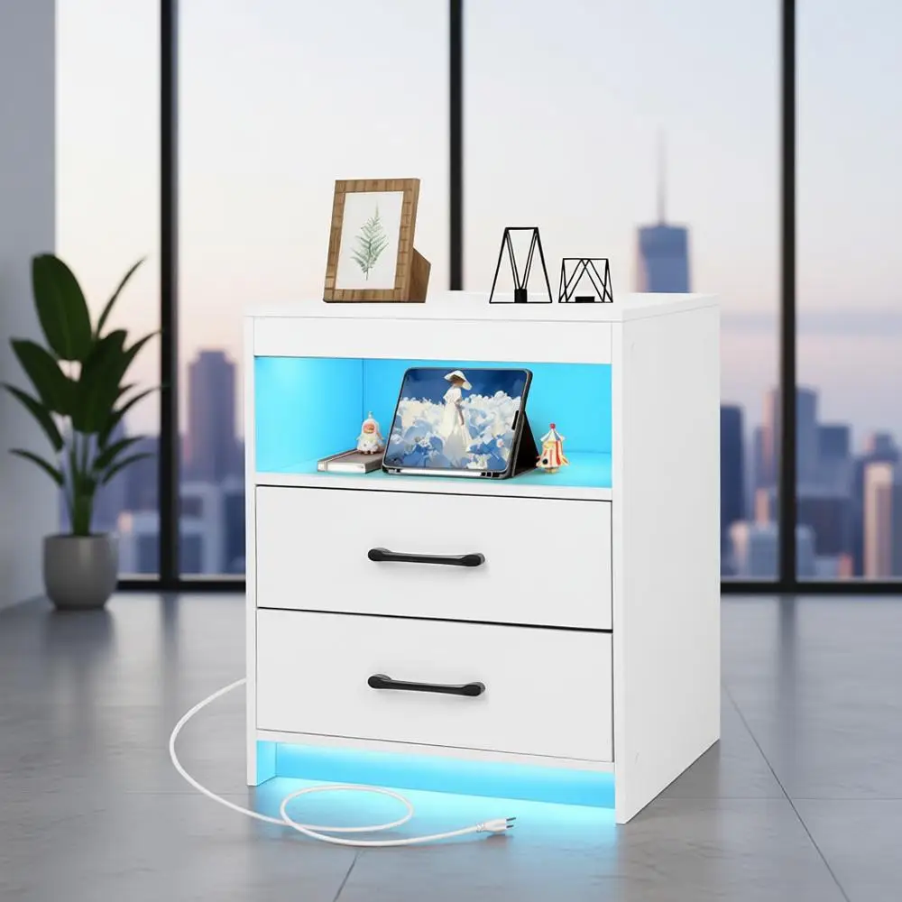 

Тумбочка с зарядной станцией и окружающим освещением, оснащен двумя ящиками и открытой прикроватной тумбочкой, современный приставной столик, белый