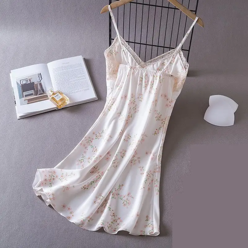 Sexy Chemise Nightgown Women Lace Sleepwear Dress Summer Suspender Nightdress Nightwear Silky Satin Dressing Gown Lounge Wear