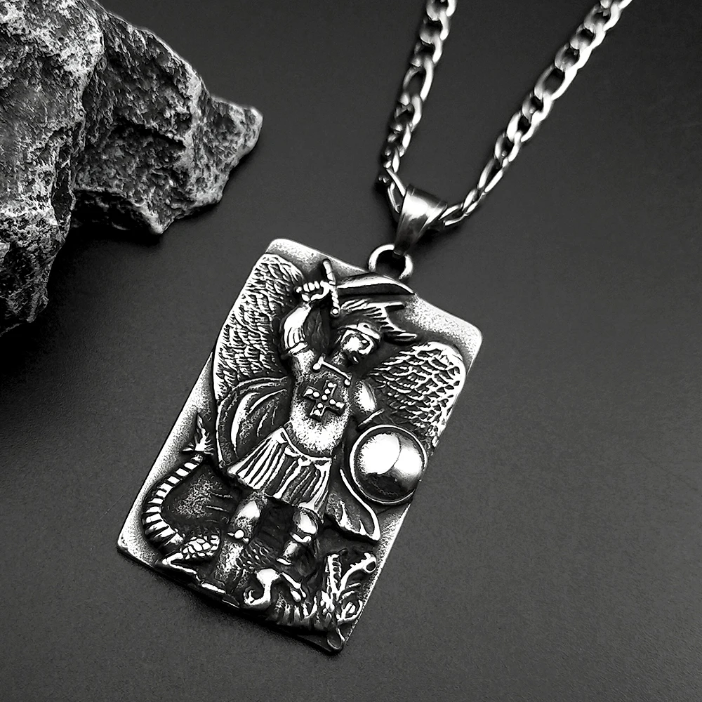 رئيس الملائكة مايكل قلادة قلادة للنساء الرجال الفولاذ المقاوم للصدأ أسود اللون المسيحية الصليب الذكور الشرير سلسلة مجوهرات هدية