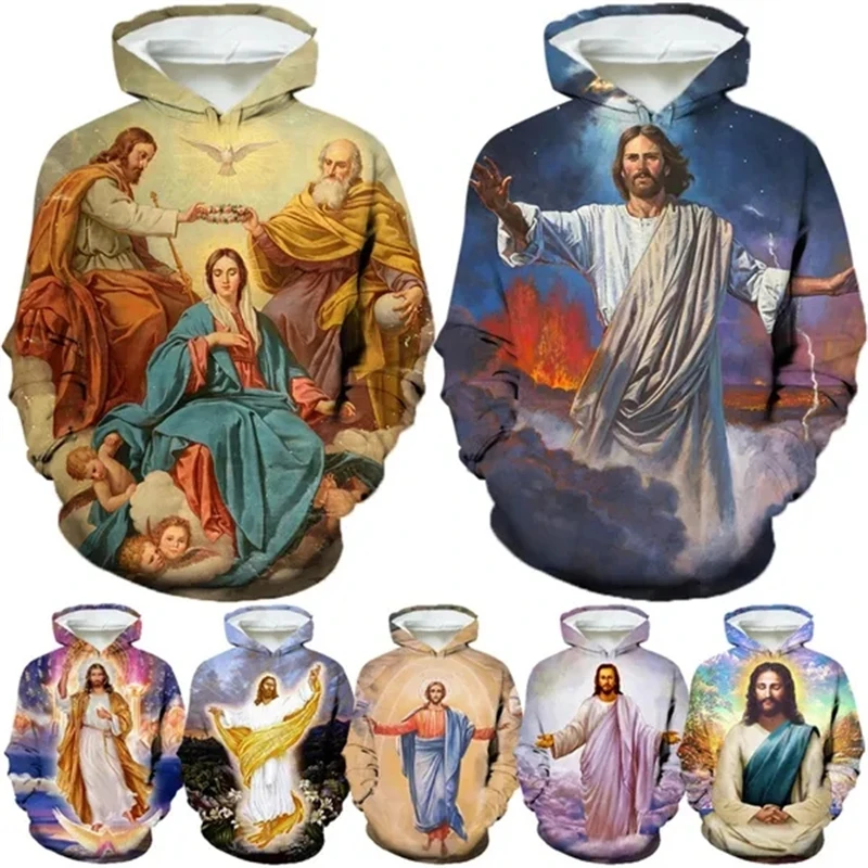 New Christian Jesus 3D Printed Hoodie Fashion Personality Christian Hooded Unisex Fun Virgin Mary Print Pullover Hoodie Apparel