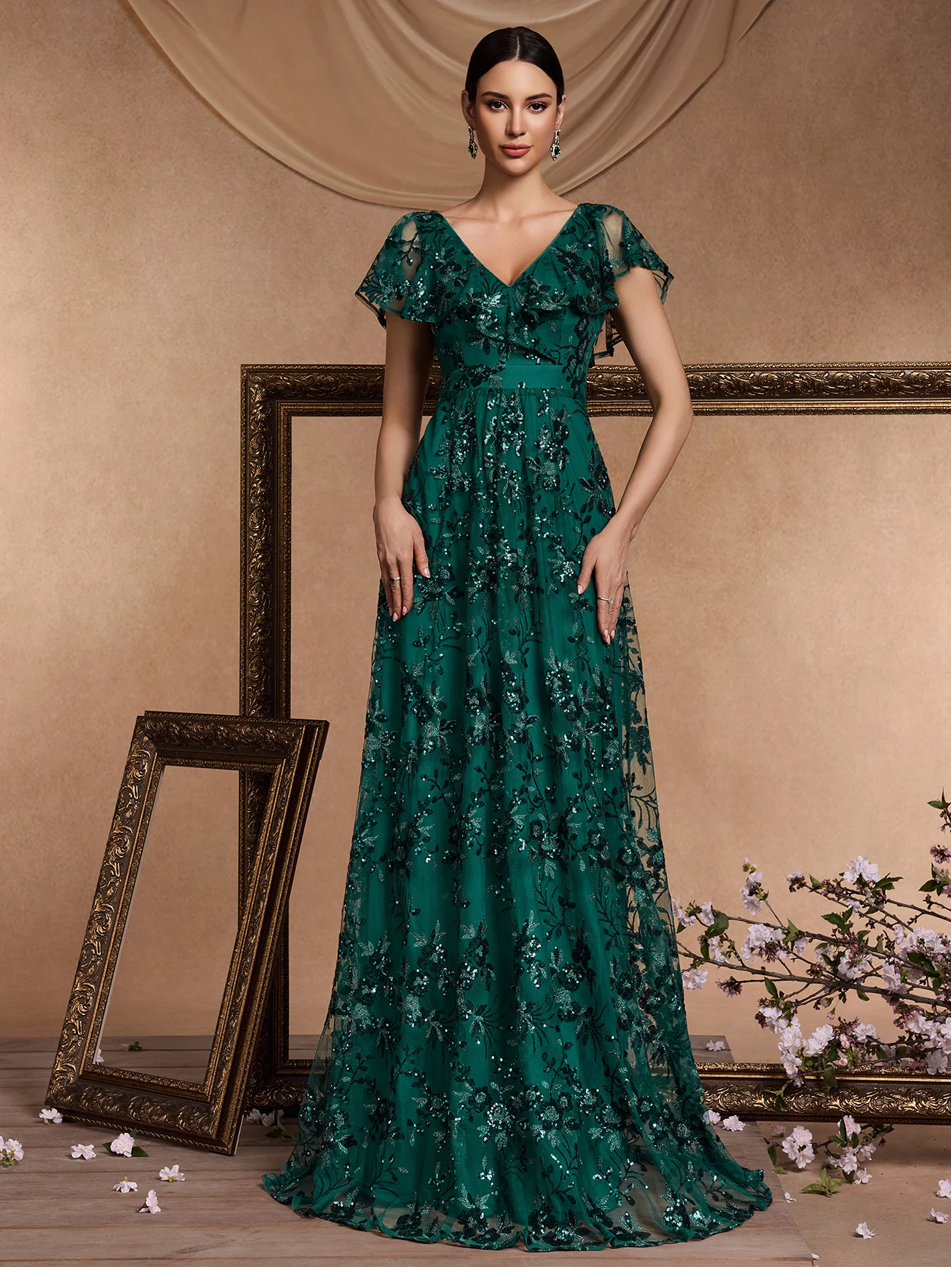 XUIBOLB Luxuriöses bodenlanges Abendkleid mit V-Ausschnitt, lang, 2024, Damen, elegantes Partykleid, Pailletten, kurze Ärmel, Abschlussball-Cocktailkleid