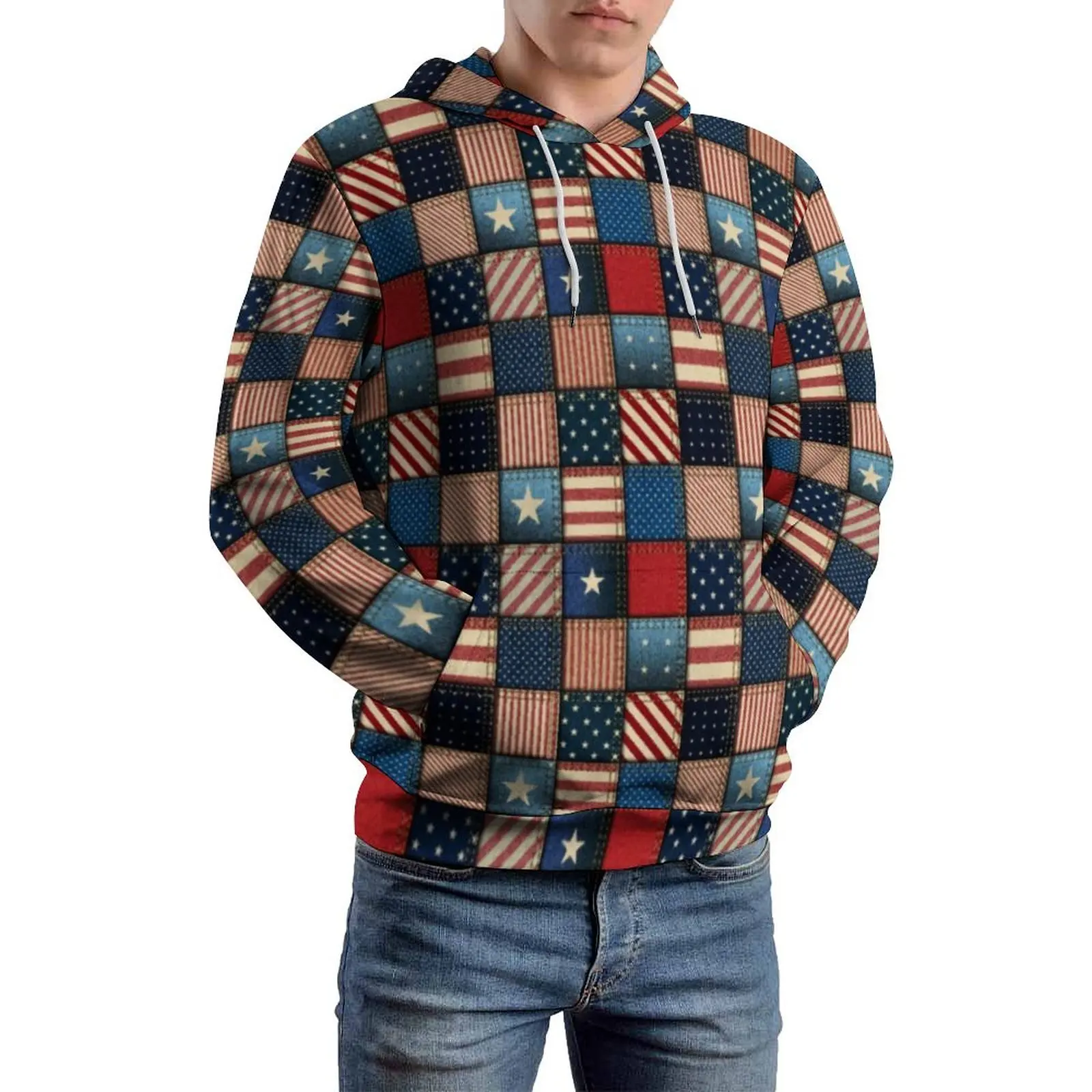 

Patriotic Patchwork Loose Hoodies American Flag Pop Modern Hoodie Men Long Sleeve Oversized Classic Graphic Clothing