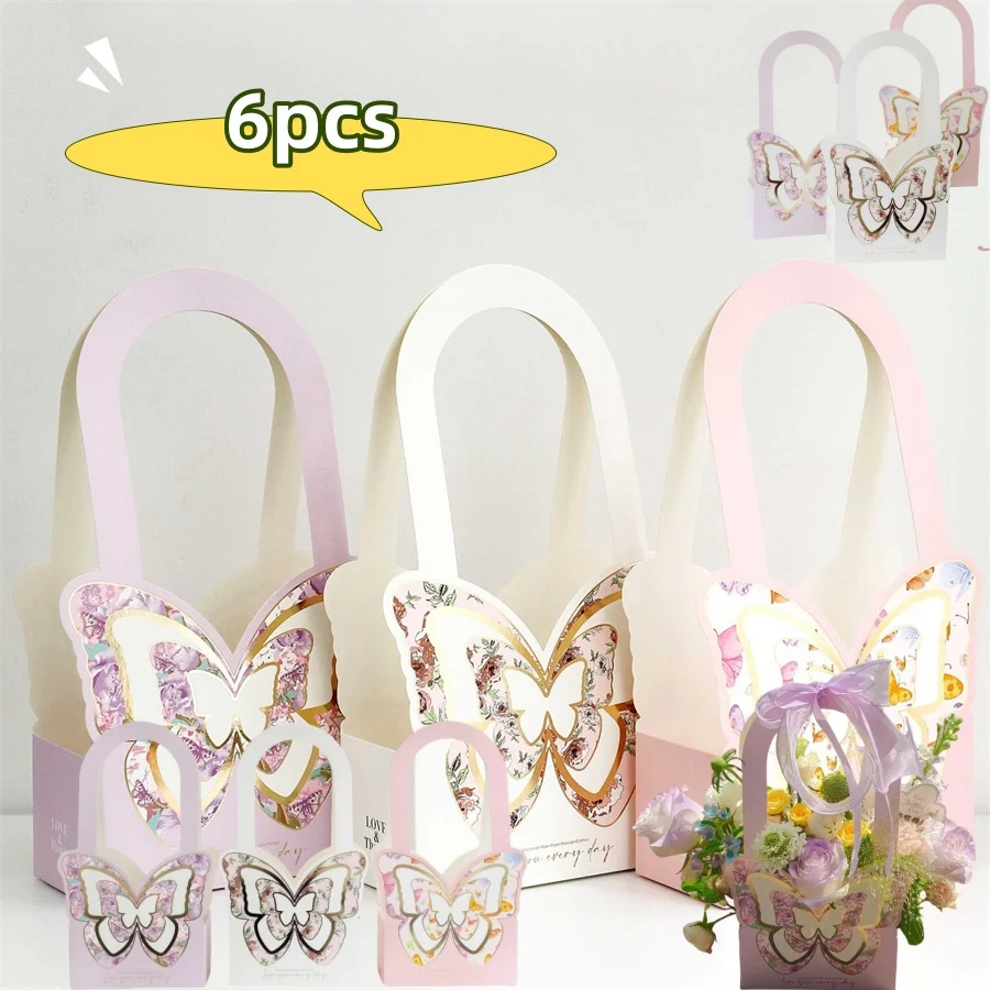 6pcs Butterfly Fluttering Handbag Flower Arrangement Gift Folding Hand Carrying Basket Birthday Party Christmas Bouquet Case