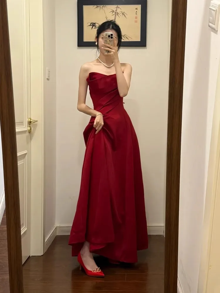 

Элегантное красное атласное платье подружки невесты в корейском стиле с завышенной талией, юбка А-силуэта, длинное вечернее платье для свадебной вечеринки и выступлений