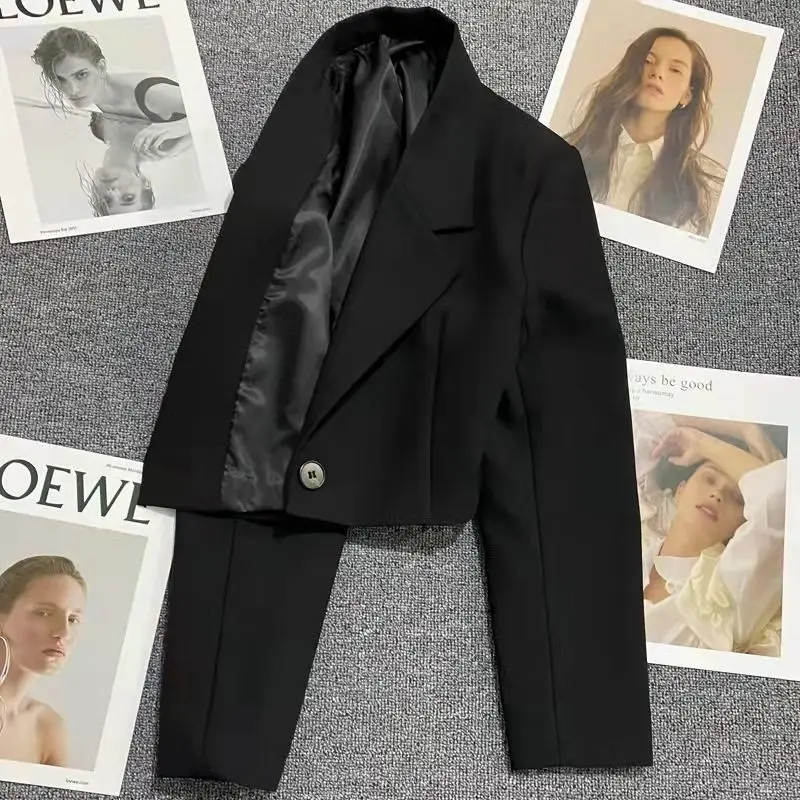 Black Blazer Women Crop Jacket Bomber Jacket Long-Sleeve Top Y2K Streetwear Spring Autumn Coat Versatile Trendy Suit Clothes