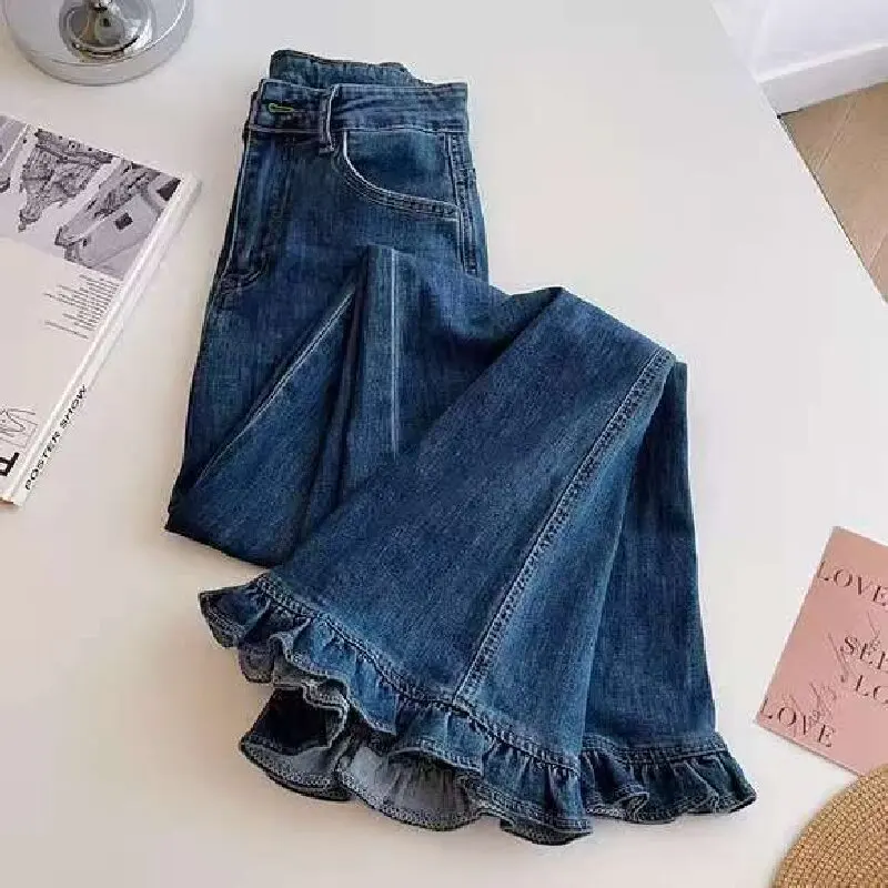 

Винтажные джинсы с кружевом, с высокой талией, прямые, свободные, широкие брюки, весна-осень 2026, однотонные, универсальные джинсовые брюки для женщин ﻿