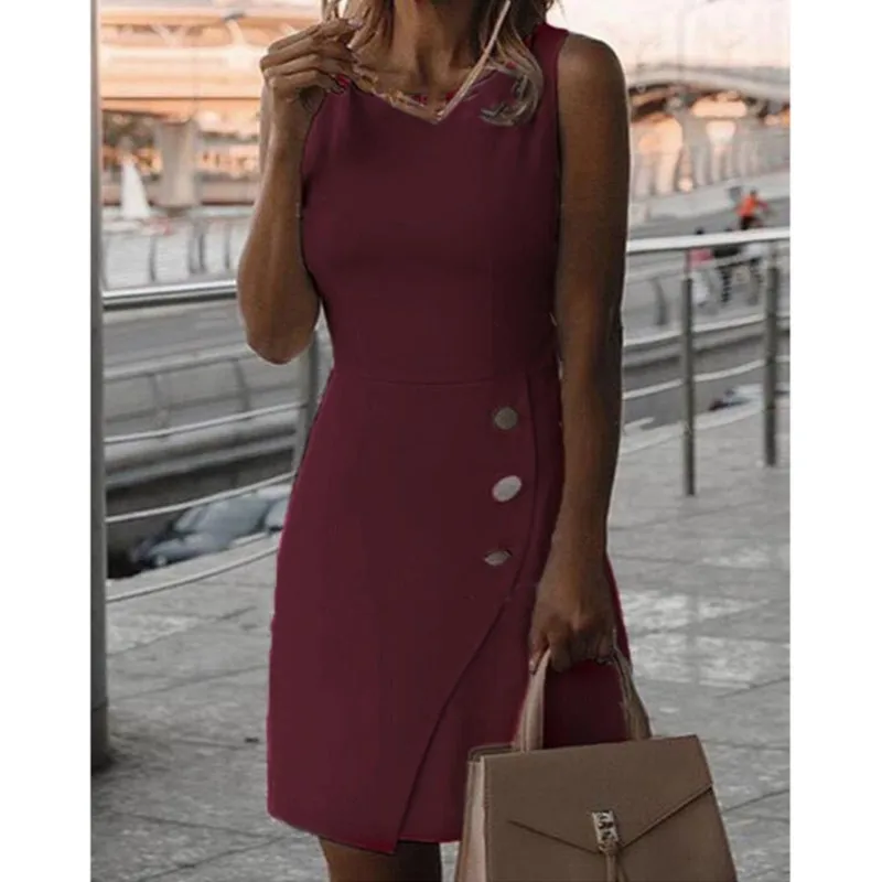 Weißes, elegantes Damen-Kurzträgerkleid mit Rundhalsausschnitt und sexy, schmaler Passform, hüftumarmender Rock, reines Bandknopf-Minikleid. Neu