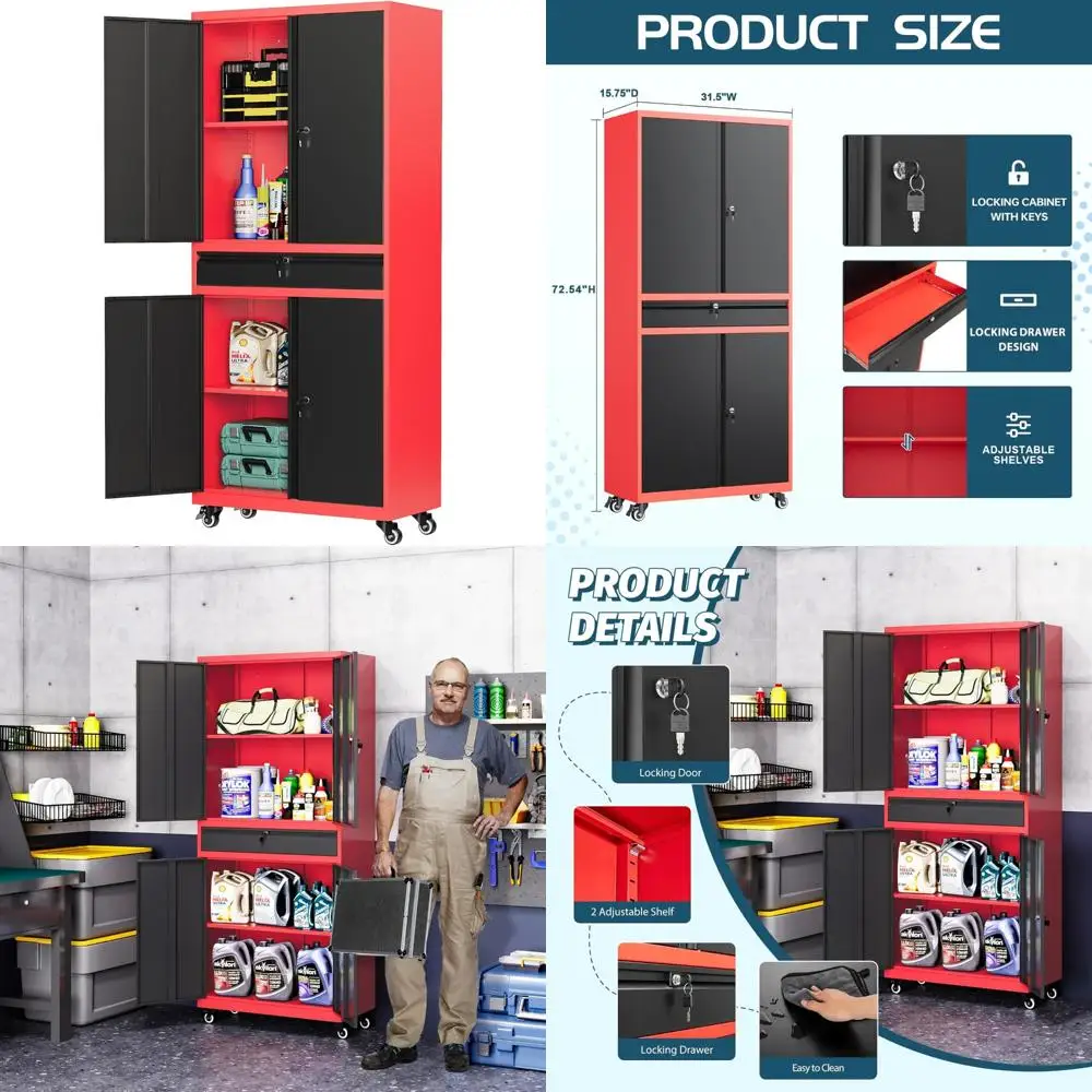 Czerwona metalowa szafka do przechowywania w garażu z kółkami, szufladą na kółkach i szafką z drzwiami do organizacji piwnicy