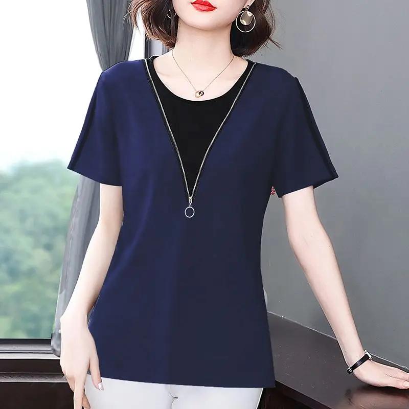 Fake Two Pieces Short Sleeve T-shirt Fashion Patchwork Zipper Women\'s Clothing Casual Round Neck 2024 Summer All-match Pullovers