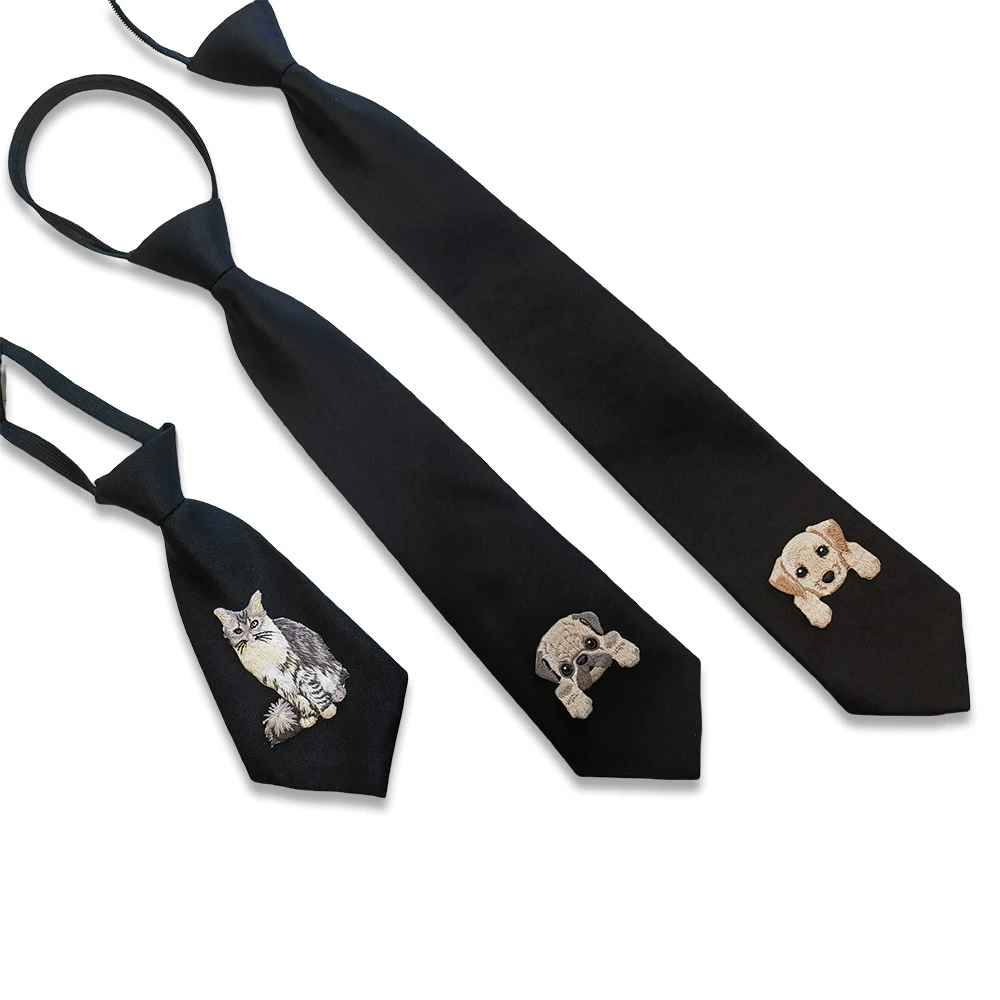 Animal Embroidery Lazy Tie Homecoming Student Zipper Tie Jk Collar Solid Color Fashion Black Tie Academic Nightclub Style