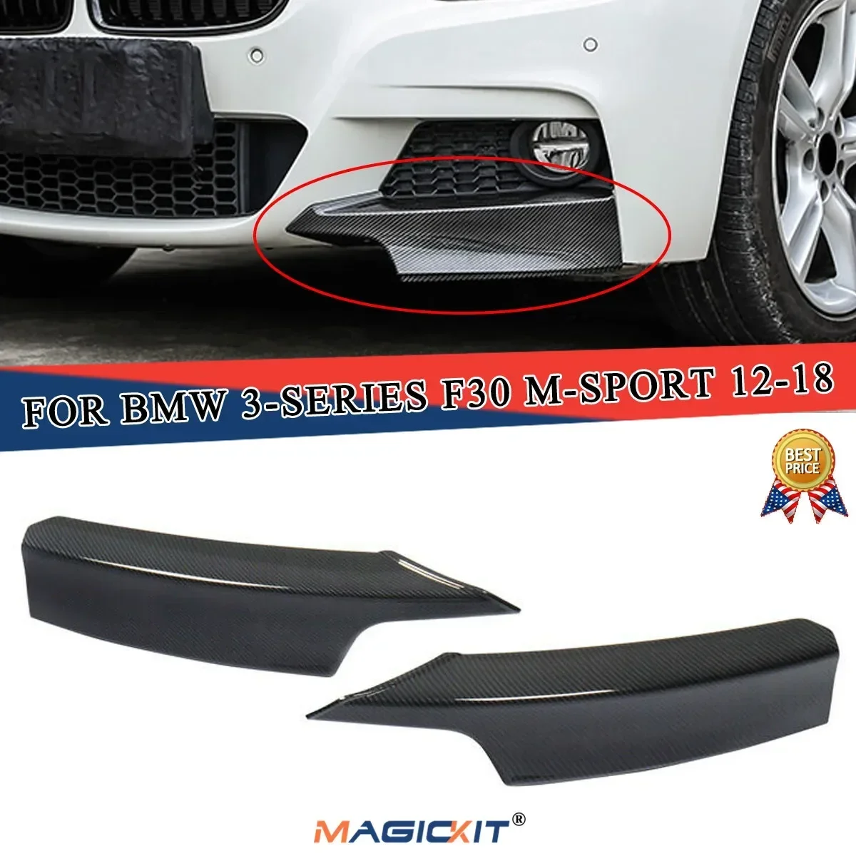 MagicKit Carbon Fiber Look Front Splitter Lips For BMWF30 F31  320i 328i Sedan W  M-Tech M Sport 2012-2014