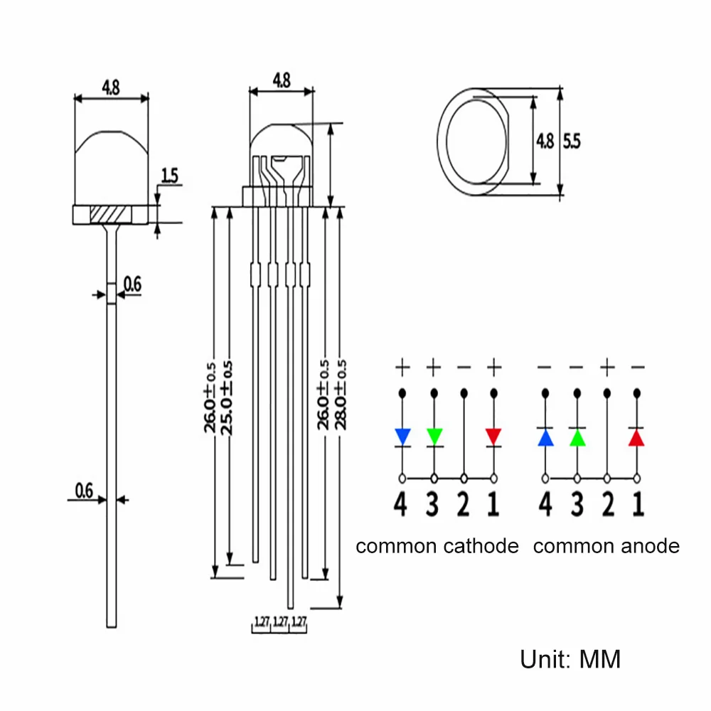 100Pcs 5mm Fog Diffused RGB LED Diode Lights 4Pins Common Cathode Bright Lamp Electronics Components Light Emitting Diodes