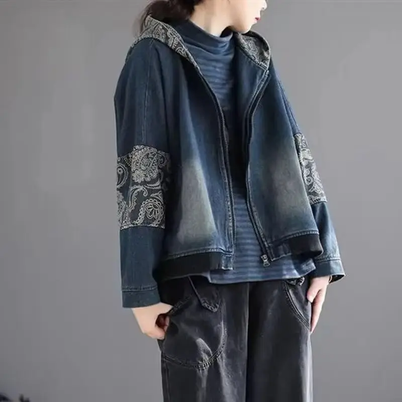 

2025 New Spring Autumn Women Denim Jacket Retro Long Sleeve Jeans Coat Female Splicing Hooded Loose Cowboy Overwear Ladies Tops