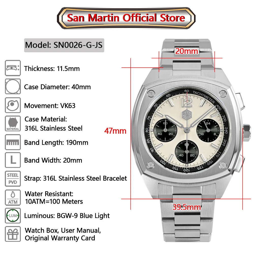 San Martin 39.5mm Chronograph VK63 Men Sport Quartz Watch