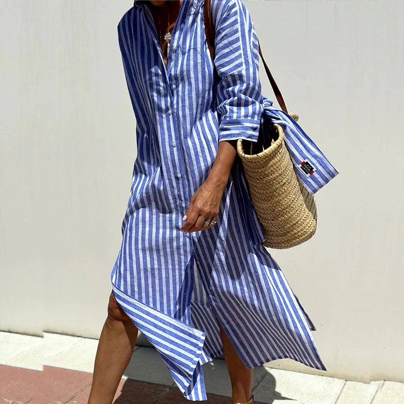 

Fashion Casual Single-breasted High Street Long Shirt Women Striped Print Lapel Long Sleeve Dress Autumn High Street Loose Dress