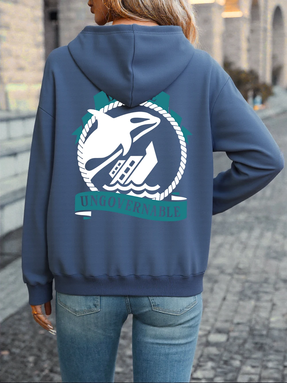 Become Ungovernable Orca Prints Hoodie Womens Winter Fleece Warm Pullover Casual Pocket Sweatshirt Street Loose Womans Clothes