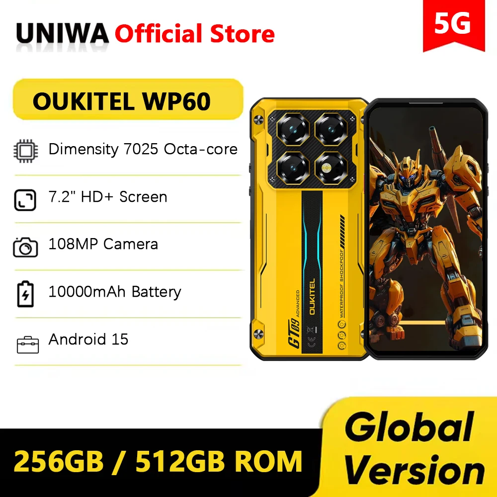 OUKITEL WP60 5G Rugged Phone 10000mAh Battery 7.2“ 120Hz 256GB/512GB ROM Mobile Phone 108MP MTK 7025 Smartphone Android 15 NFC