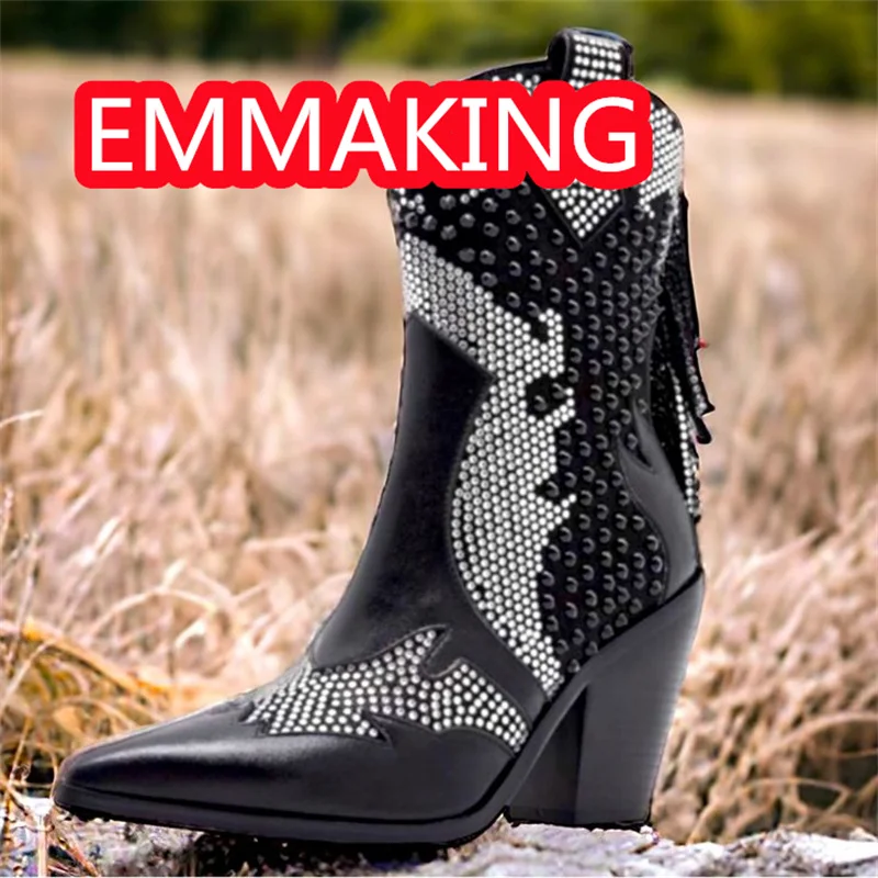 أسود الراين شرابات إسفين الشتاء حذاء من الجلد النساء أشار تو موضة المدرج أحذية السيدات الحفلات عالية الكعب حجم 44