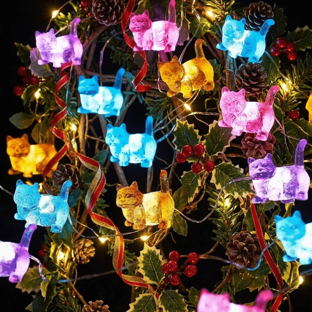 10/20pcs Lights Cat Shaped String Lights Battery Operated Cute Kitten Decorative Light Cartoon Party String Lights Christmas