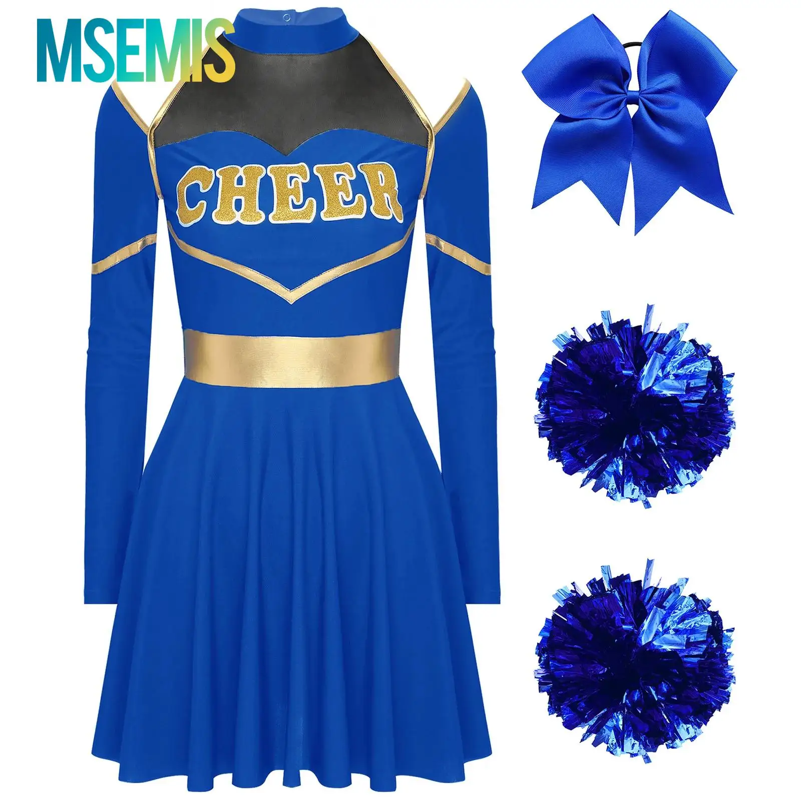 Kostum pemandu sorak wanita untuk panggung, pakaian sekolah bersorak pita rambut dan 2 potong bola bunga