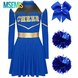 Sahne performansı için bayan amigo kostüm okul kızlar Cheer elbise ilmek saç bandı ve 2 adet çiçek topları kıyafetler