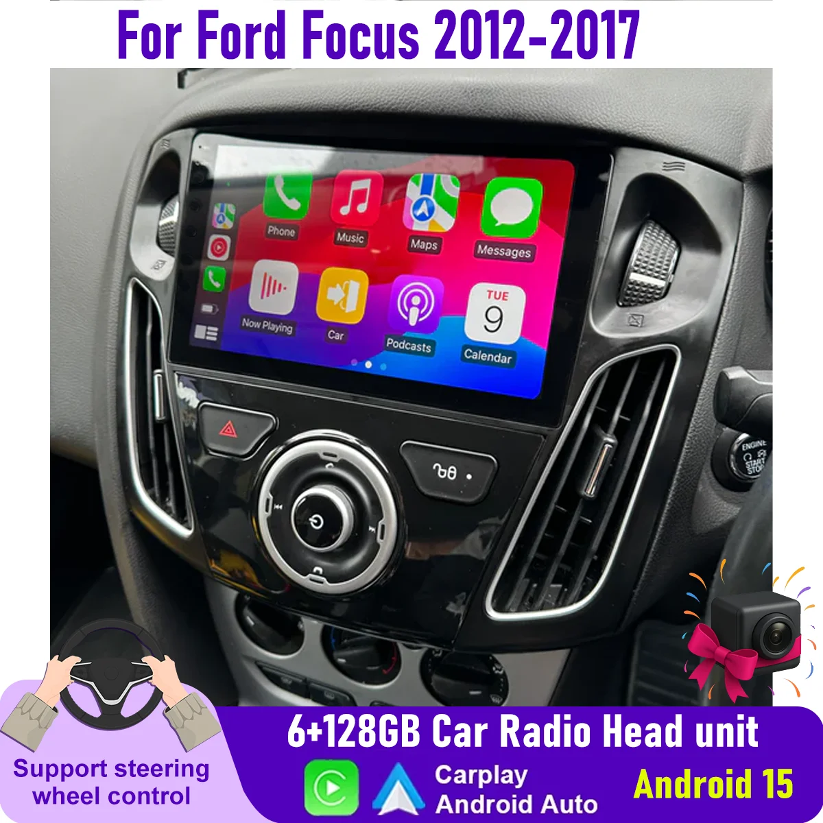 

9“ Wireless CarPlay Android auto 6-128GB (8CORE) For Ford Focus 2012-2017 QLED Screen Android Head Unit Navigation GPS Car Radio