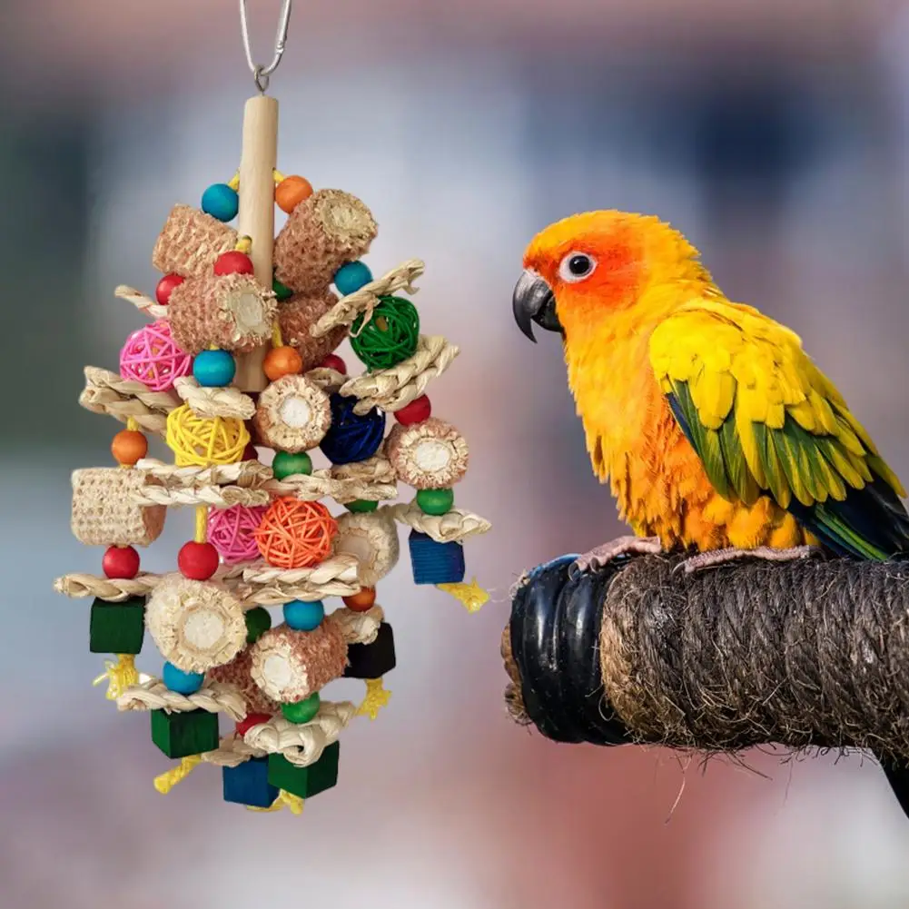 

Durable Parrot Toy Natural Bird Toy Colorful Wooden Blocks Vine Balls Natural Corn Cob Parrot Toys for Anxiety Relief Fun