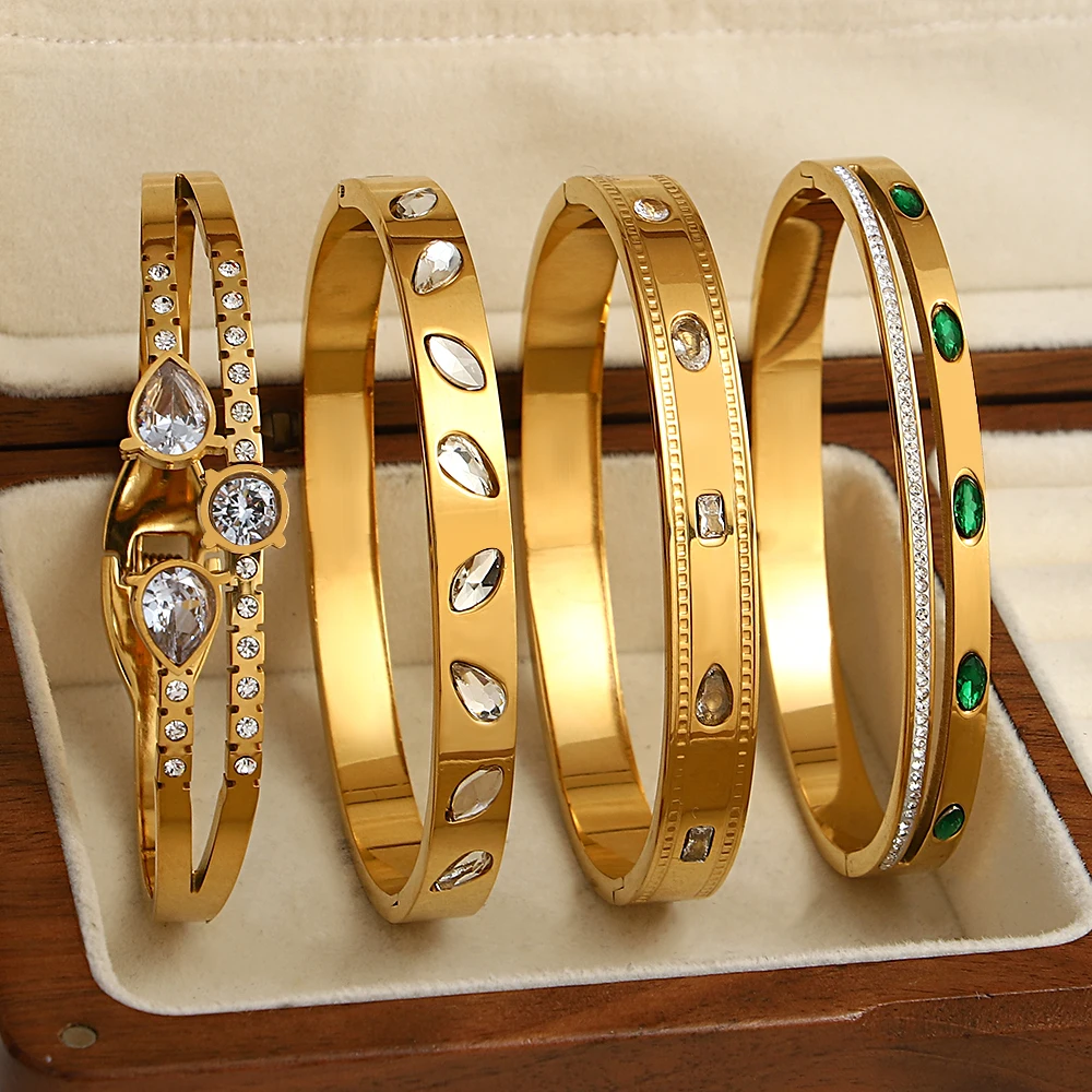 DODOHAO Personality Beautiful Inlaid Zircon Woman Stainless Steel Bangles Bangles Luxury Shiny Cubic Zirconia Gold Color Jewelry