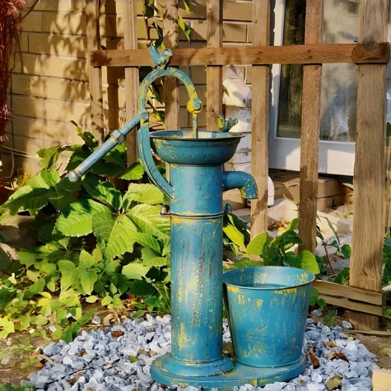 Antique Blue Water Hand Pump Flower Pot Metal Barrel Planter Bird Feeder for Garden and Balcony Courtyard Decoration