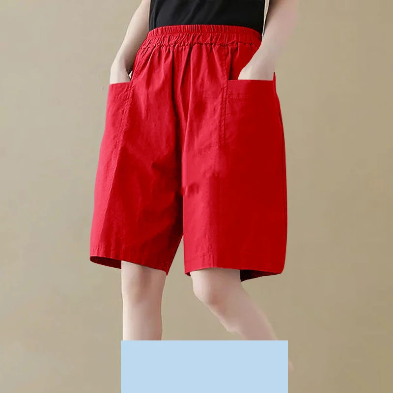 Summer Pockets Patchwork Loose Shorts Elastic Waist Black All-match Youth Casual Wide Leg Shorts Fashion Vintage Women Clothing