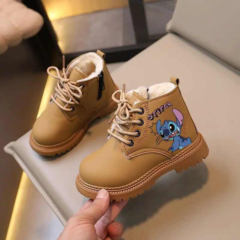 Kawaii Disney Stitch Children's Boots Martin Boots Cartoon Winter Velvet Thickened Boys Cortices Versatile Fashion Short Boots