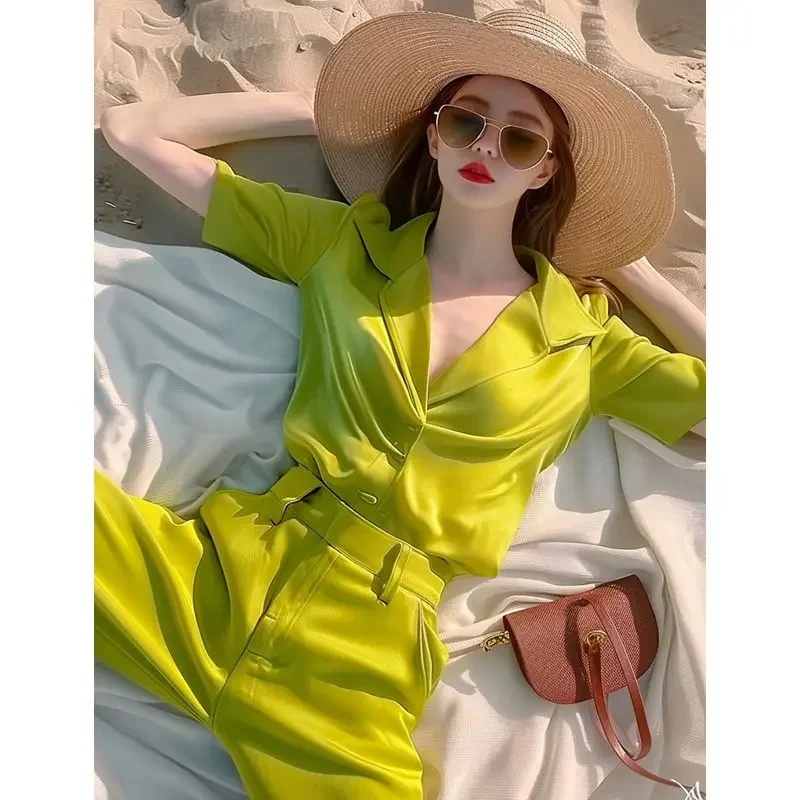 New High Quality Summer Satin Two Piece Set Women Fashion Stylish Design Lapel Short Sleeve Slim Shirt Top + Straight Pants Suit