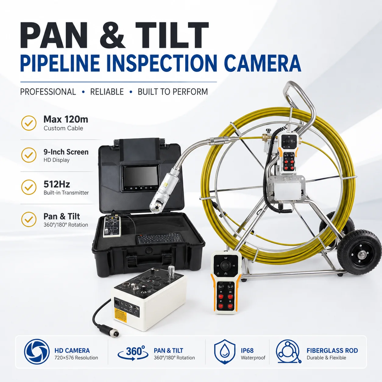 MYT WOPSON Pan Tilt Pipeline Inspection Camera 120m Cable 9 Inch Screen 512Hz IP68 Sewer Drain Camera System For Contractors