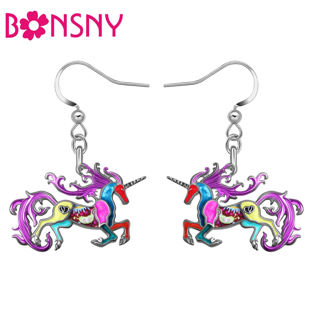 

Bonsny Enamel Alloy Corlorful Sweet Horse Unicorns Earrings Animals Dangle Drop Charms Fashion Jewelry For Women Girl Teen Gifts