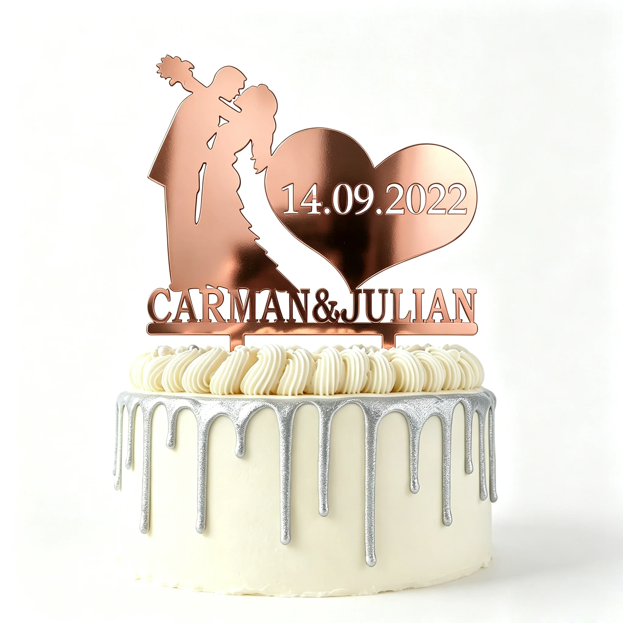 Benutzerdefinierte Paare Name Datum Braut und Bräutigam küssen Silhouette Kuchen Topper für Hochzeitstag Party Kuchen Dekoration YC049