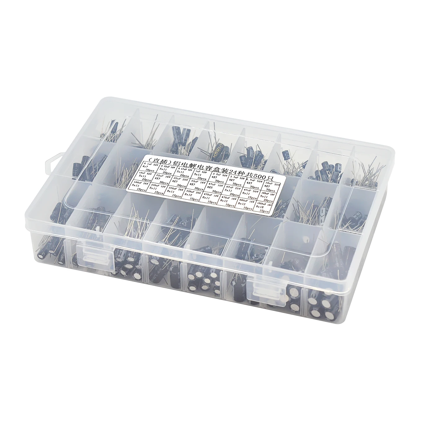 500Pcs/lot 0.1UF-1000UF 24Values Aluminum 16-50V Mix Electrolytic Capacitor Assorted Kit And Storage Box