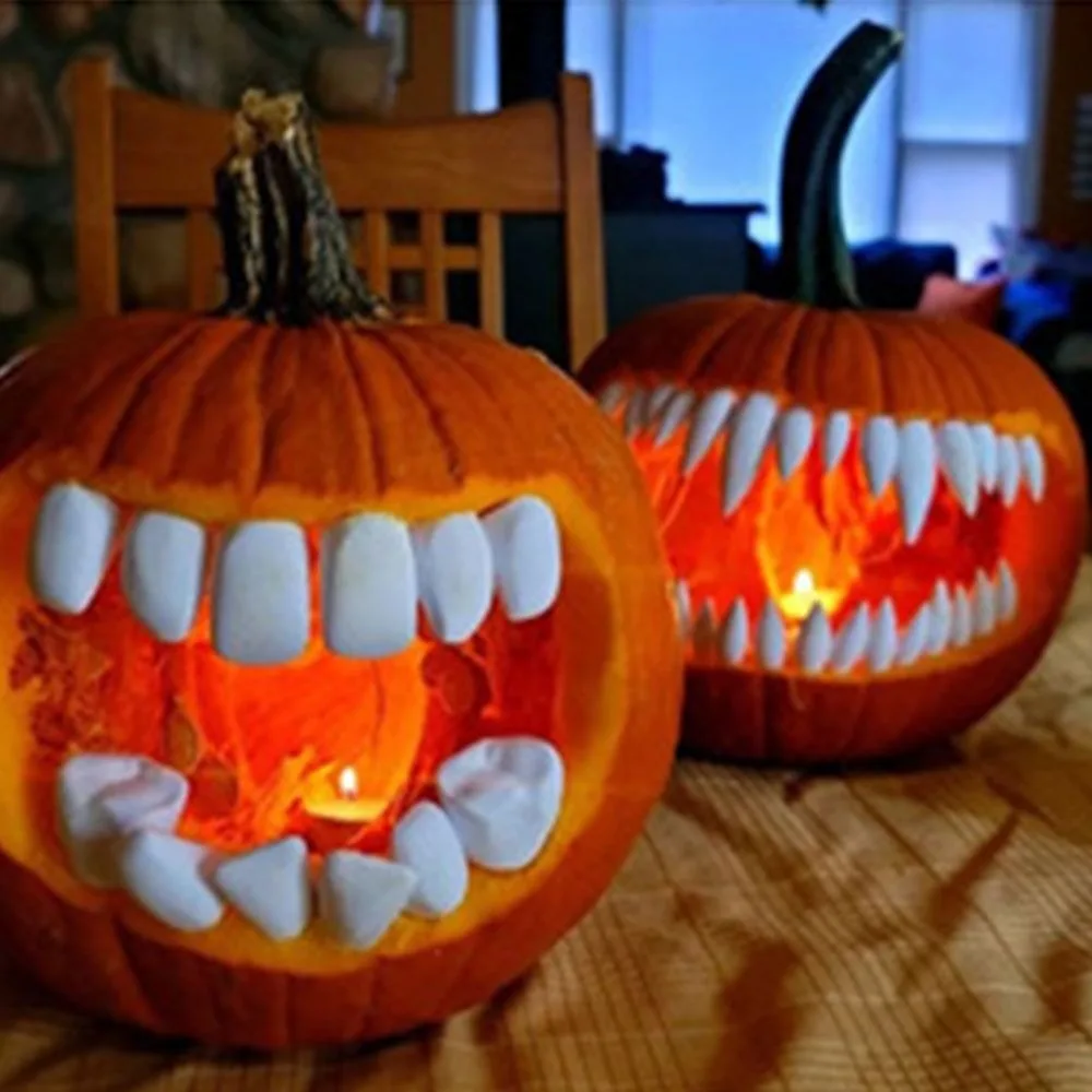 26/27Pcs 3D Printed Pumpkin Teeth DIY Durable Fangs Teeth Set Round Teeth Reusable Jack O Lantern Teeth Halloween Party