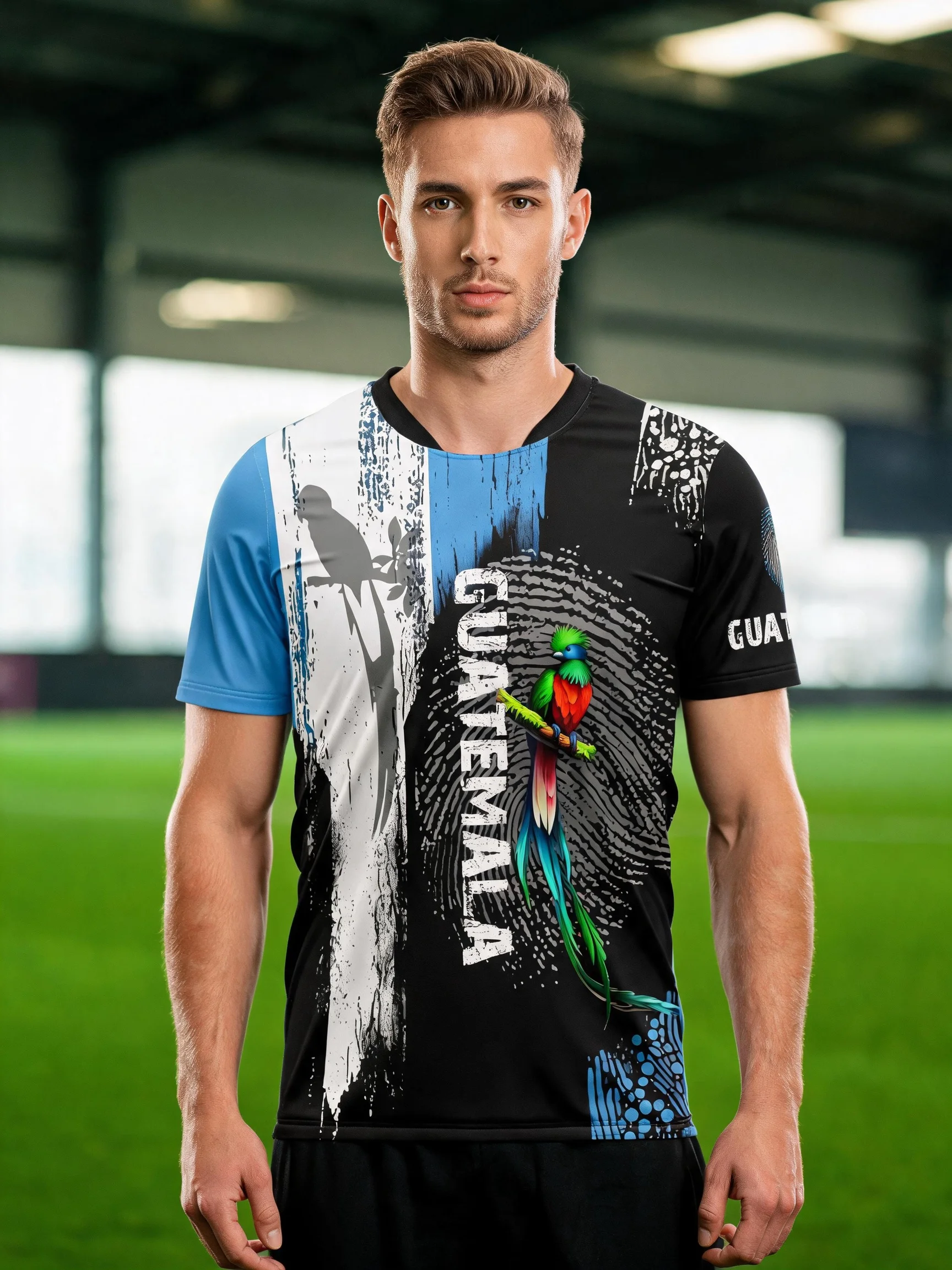 2026 new Guatemala‑themed football jersey with vertical letter logo, sweat‑wicking fabric and unrestrained athletic‑fit cut