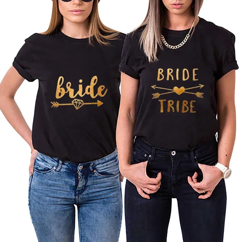 

Girls Bridal Wedding Engagement Party Tshirt Team Bride T-shirt Golden Fashion Graphic Tops Bachelorette Hen Party Black Tees