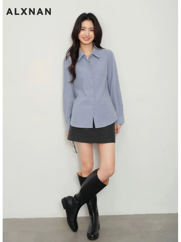 

ALXNAN Women Shirt 2025 New Fashion Haze Blue Polo Collar Casual Shirt Elegant Office Long Sleeve Blouse Fall 2025 Female L58789