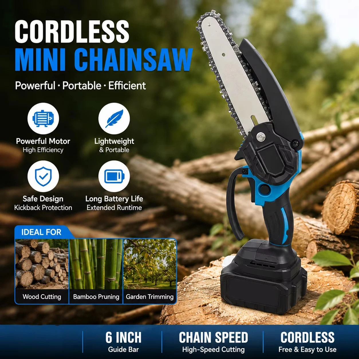 6-Inch Cordless Mini Chainsaw Handheld Electric Tree Pruner Pruning Saw Battery Powered Gardening Tool for Wood Cutting Yardwork