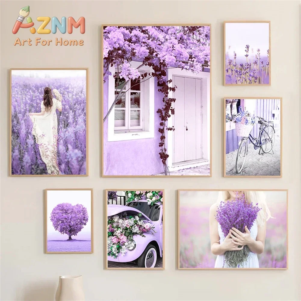 Purple Tree Flower Girl Lavender Wall Art Posters Canvas Painting Door Bike Car Art Print Nordic Wall Pictures Living Room Decor