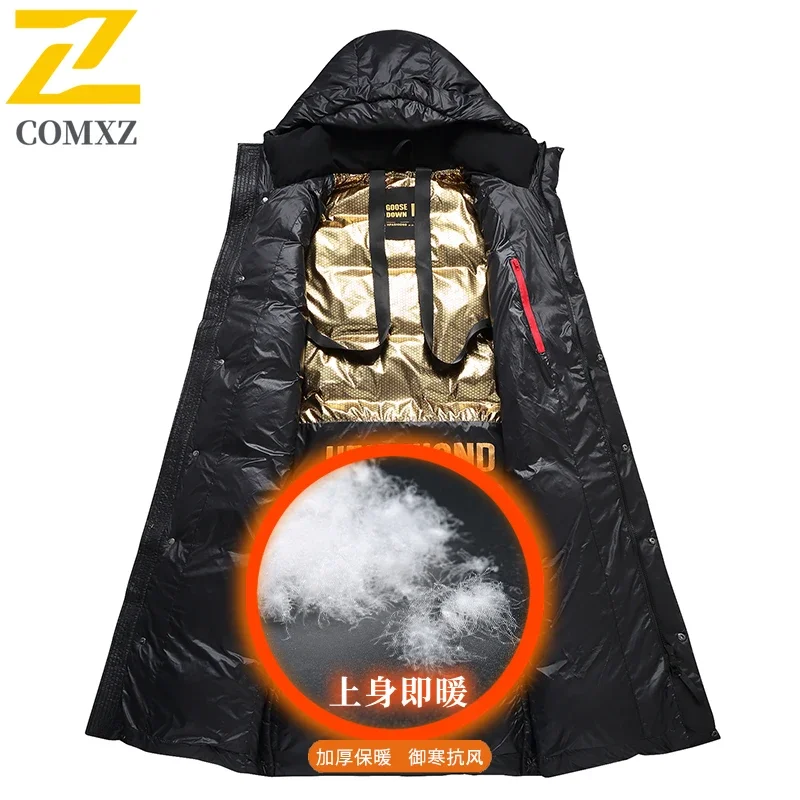 Winter Puffer Jackets Men's High Quality Down Jacket Long Bright Hooded Super Thick 90% White Duck Down Coat Men Women Clothes